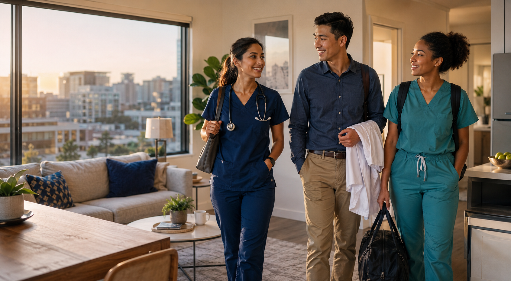 Diverse physicians, residents, and fellows arriving at a comfortable furnished apartment after work