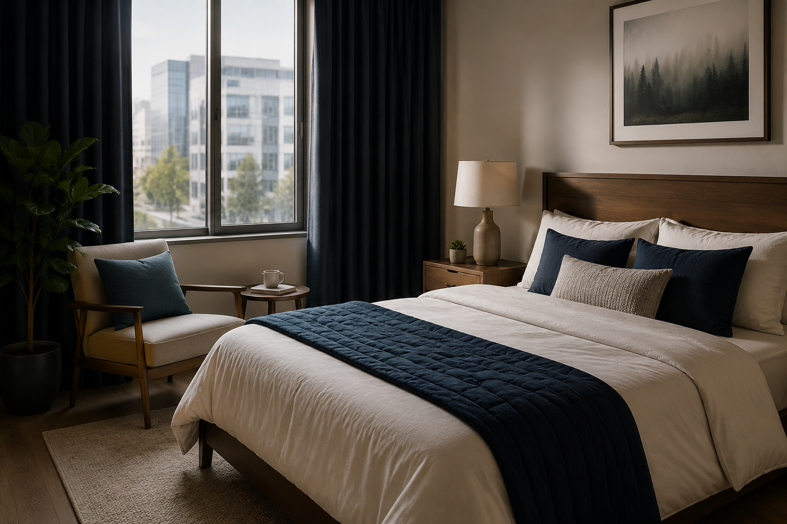 Quiet furnished bedroom with blackout curtains for medical professionals