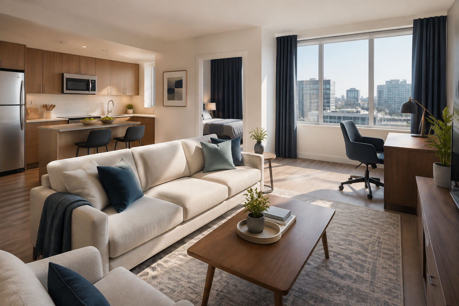 Warm furnished apartment with living room, kitchen, workspace, and city view