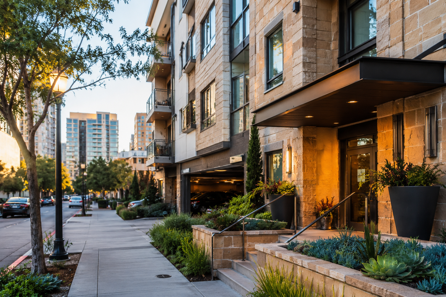 Welcoming apartment building on a walkable street near a medical district